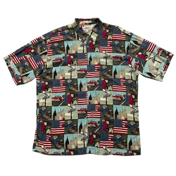 Campia Moda Shirt Mens XL Short Sleeve Hawaiian Rayon USA Flag Independence Day - Picture 1 of 4